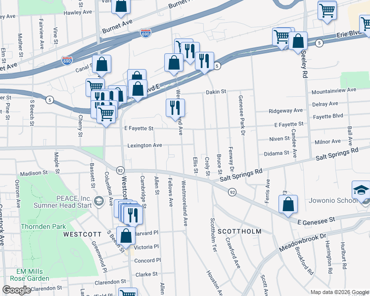 map of restaurants, bars, coffee shops, grocery stores, and more near 409 Westmoreland Avenue in Syracuse