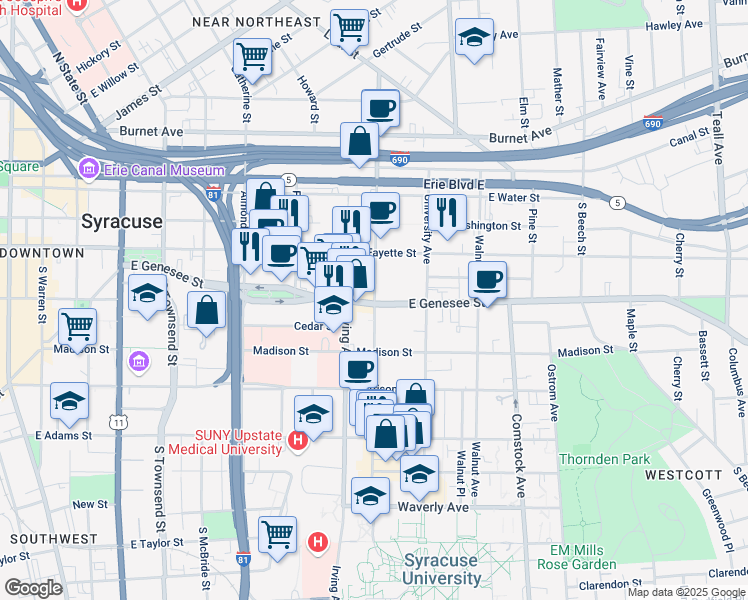 map of restaurants, bars, coffee shops, grocery stores, and more near in Syracuse