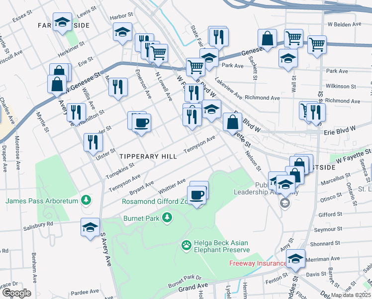 map of restaurants, bars, coffee shops, grocery stores, and more near 227 Tennyson Avenue in Syracuse