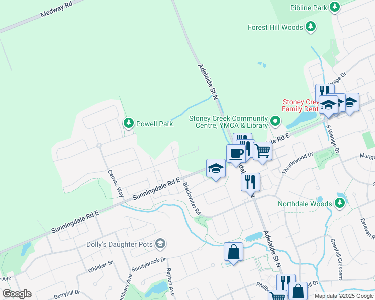 map of restaurants, bars, coffee shops, grocery stores, and more near 602-660 Sunningdale Rd E in London