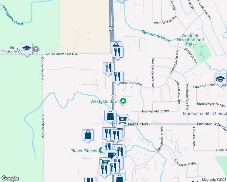 map of restaurants, bars, coffee shops, grocery stores, and more near 4586 Alpine Avenue Northwest in Comstock Park