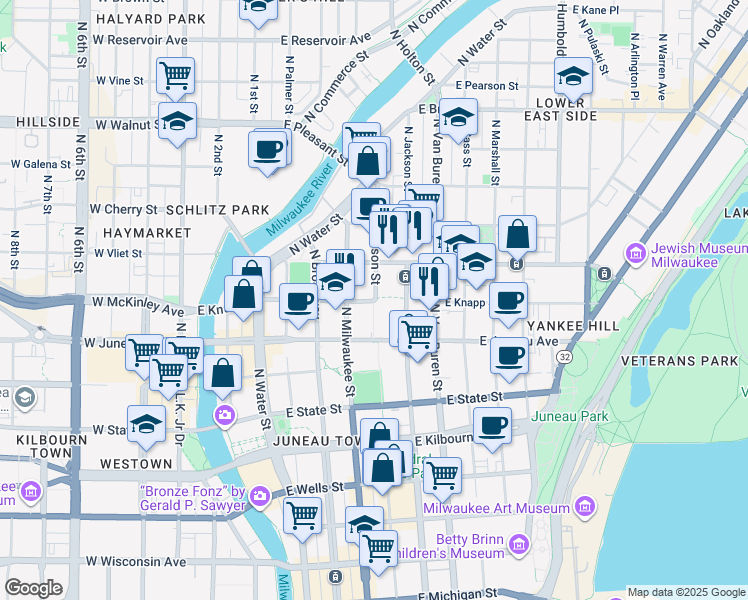 map of restaurants, bars, coffee shops, grocery stores, and more near 1319 North Jackson Street in Milwaukee