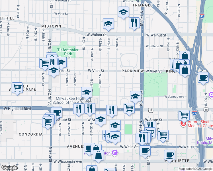 map of restaurants, bars, coffee shops, grocery stores, and more near 2105 West McKinley Avenue in Milwaukee