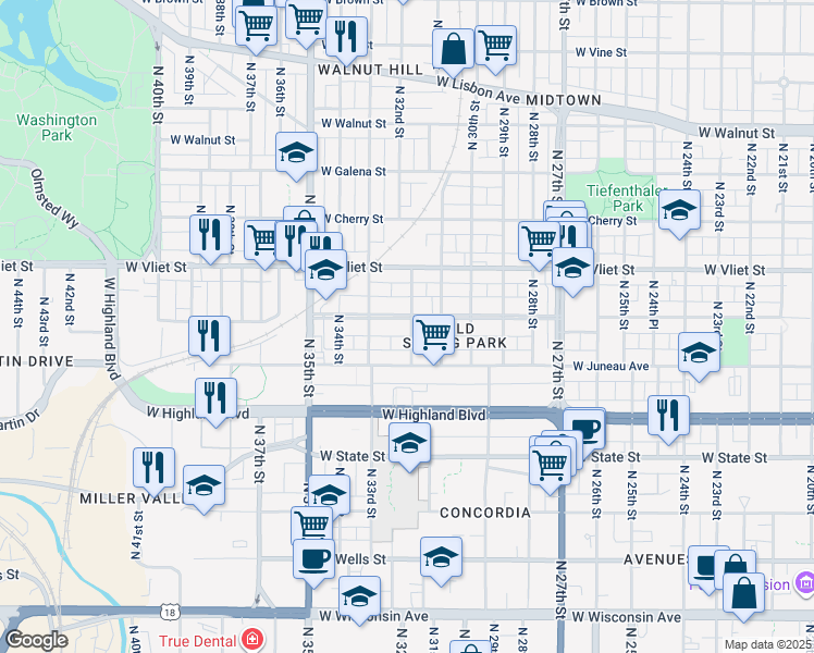 map of restaurants, bars, coffee shops, grocery stores, and more near 3209 West Mc Kinley Boulevard in Milwaukee