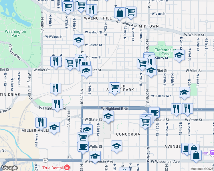 map of restaurants, bars, coffee shops, grocery stores, and more near 3209 West Mc Kinley Boulevard in Milwaukee