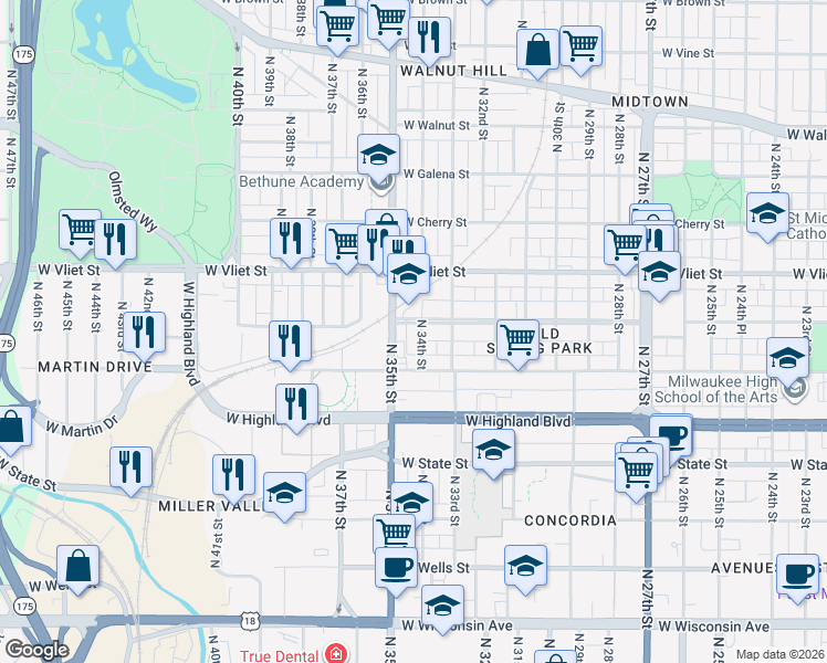 map of restaurants, bars, coffee shops, grocery stores, and more near 1251 North 34th Street in Milwaukee
