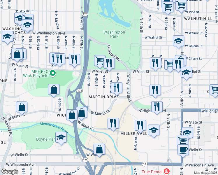 map of restaurants, bars, coffee shops, grocery stores, and more near 1244 North 44th Street in Milwaukee