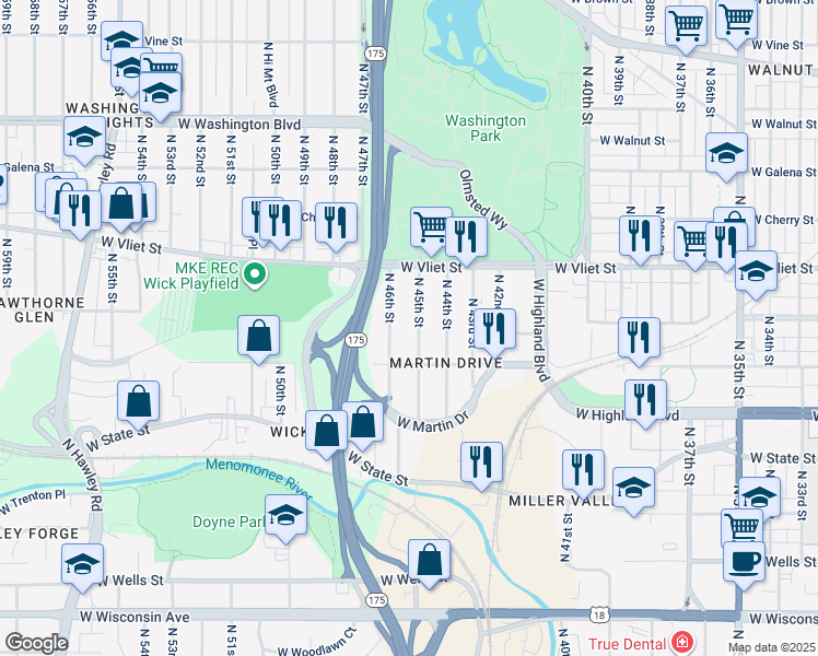 map of restaurants, bars, coffee shops, grocery stores, and more near 1247 North 45th Street in Milwaukee