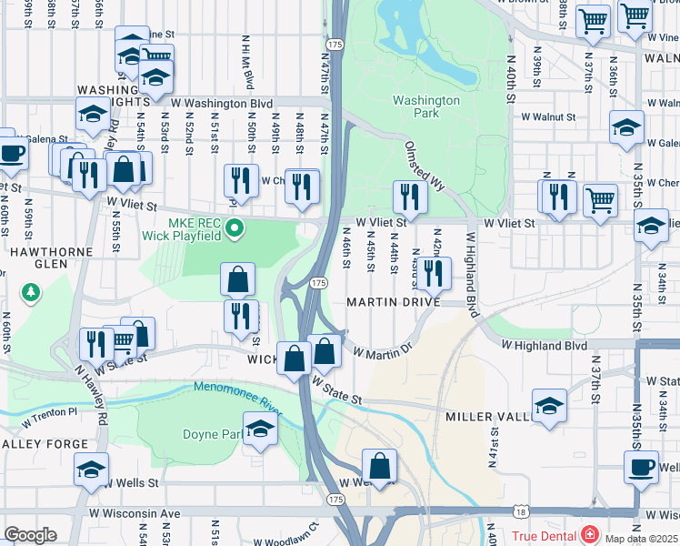 map of restaurants, bars, coffee shops, grocery stores, and more near 1243-1245 North 46th Street in Milwaukee
