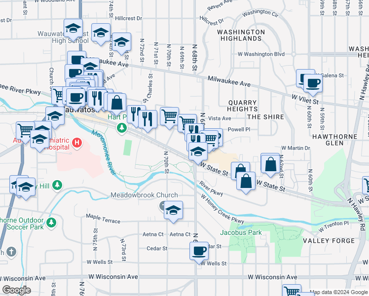 map of restaurants, bars, coffee shops, grocery stores, and more near 6900 West State Street in Wauwatosa