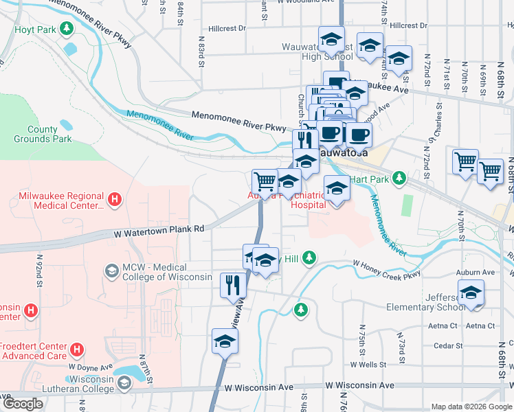 map of restaurants, bars, coffee shops, grocery stores, and more near in Wauwatosa