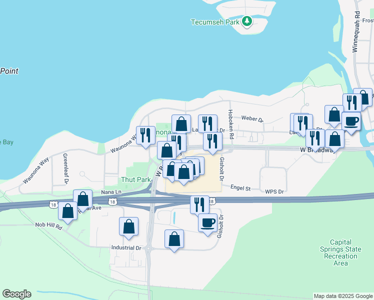 map of restaurants, bars, coffee shops, grocery stores, and more near 2409 West Broadway in Monona