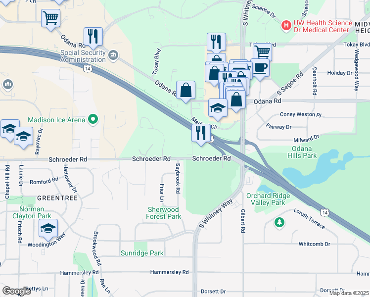 map of restaurants, bars, coffee shops, grocery stores, and more near 50 Schroeder Court in Madison