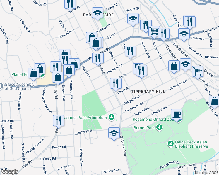 map of restaurants, bars, coffee shops, grocery stores, and more near 219 Avery Avenue in Syracuse