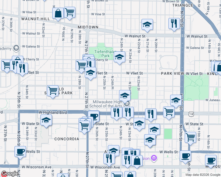 map of restaurants, bars, coffee shops, grocery stores, and more near 1246 North 25th Street in Milwaukee