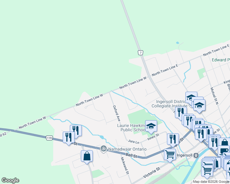 map of restaurants, bars, coffee shops, grocery stores, and more near 89 North Town Line West in Ingersoll