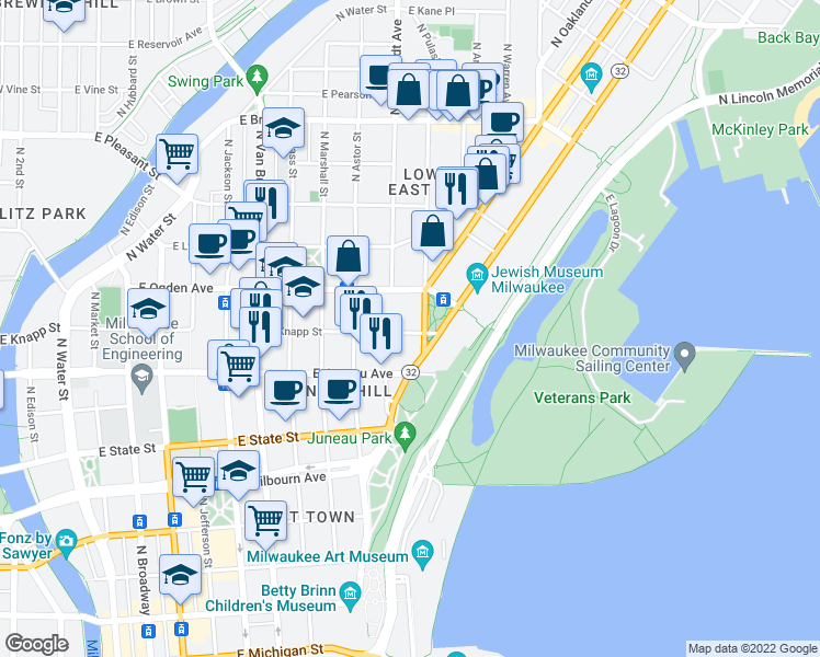 map of restaurants, bars, coffee shops, grocery stores, and more near 1313 North Franklin Place in Milwaukee