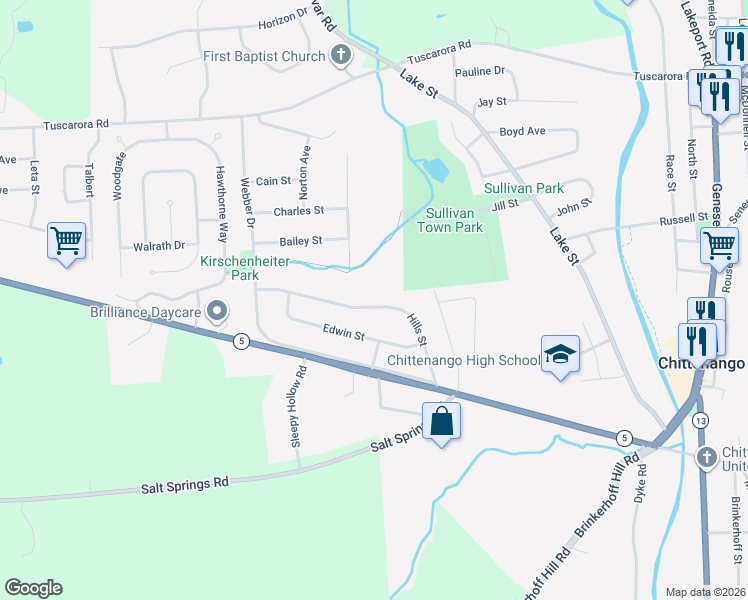 map of restaurants, bars, coffee shops, grocery stores, and more near 226 Hills Street in Chittenango