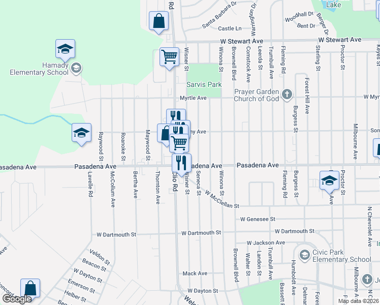 map of restaurants, bars, coffee shops, grocery stores, and more near 3502 Wisner Street in Flint