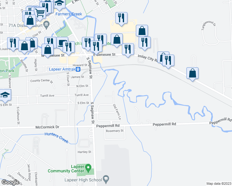 map of restaurants, bars, coffee shops, grocery stores, and more near 349 Old Farm Lane in Lapeer