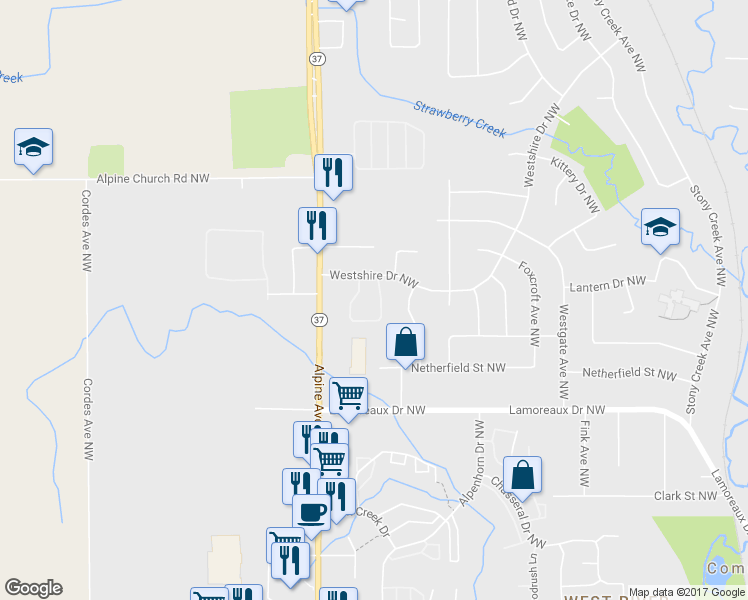 map of restaurants, bars, coffee shops, grocery stores, and more near 4611 Tabor Road Northwest in Comstock Park