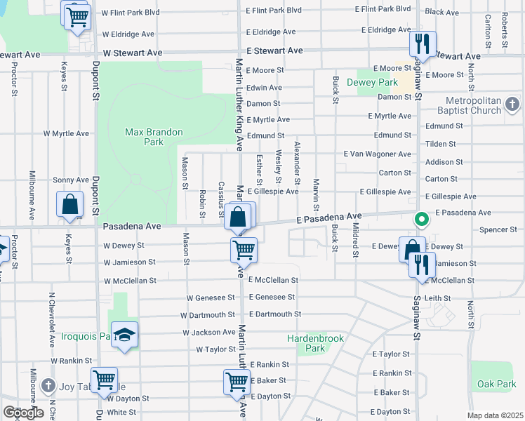 map of restaurants, bars, coffee shops, grocery stores, and more near 3414 Esther Street in Flint