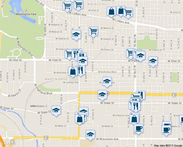 map of restaurants, bars, coffee shops, grocery stores, and more near 3301 West Mc Kinley Boulevard in Milwaukee