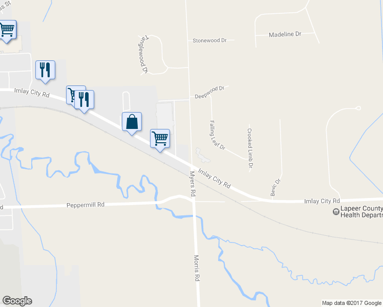 map of restaurants, bars, coffee shops, grocery stores, and more near 208 Myers Road in Lapeer