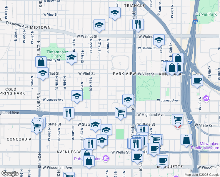 map of restaurants, bars, coffee shops, grocery stores, and more near 1929 West McKinley Avenue in Milwaukee