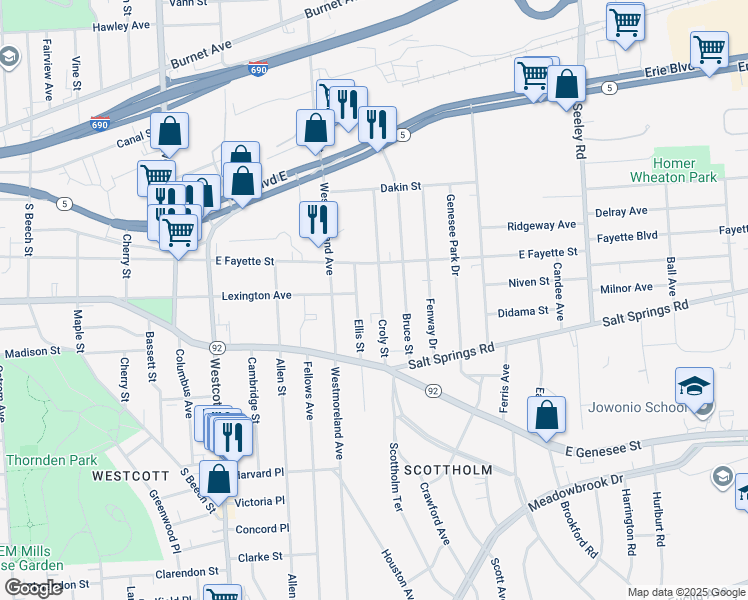 map of restaurants, bars, coffee shops, grocery stores, and more near 230 Croly Street in Syracuse