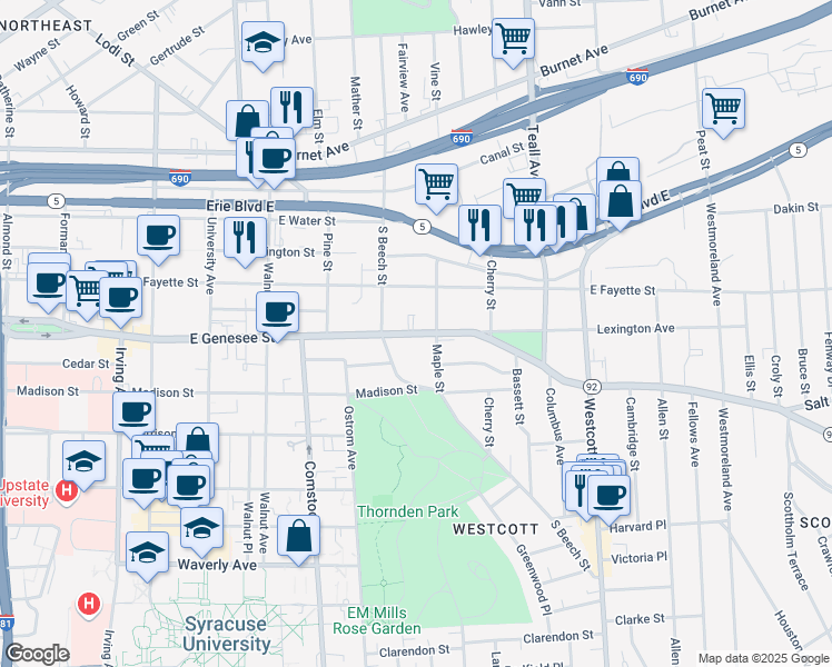 map of restaurants, bars, coffee shops, grocery stores, and more near 1531 East Genesee Street in Syracuse