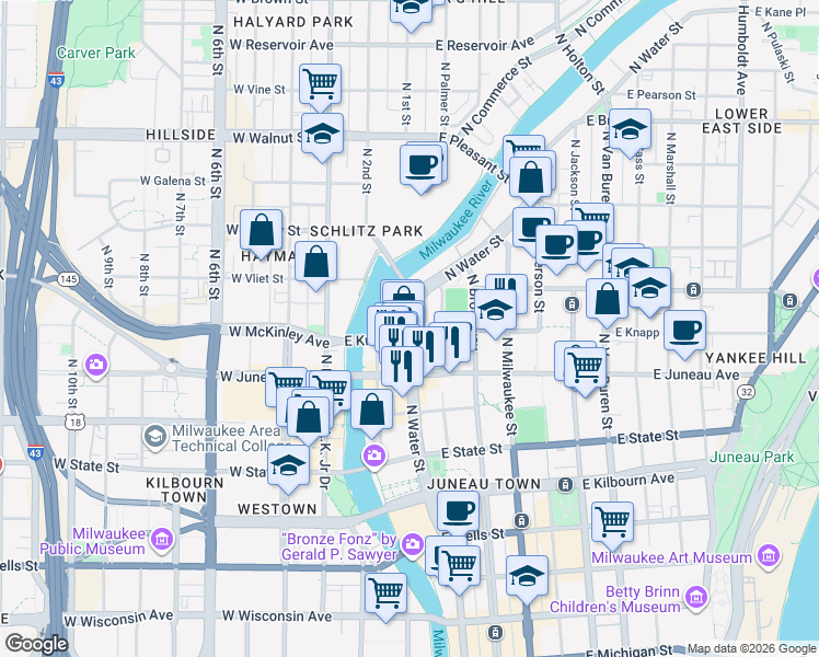 map of restaurants, bars, coffee shops, grocery stores, and more near 210 East Knapp Street in Milwaukee