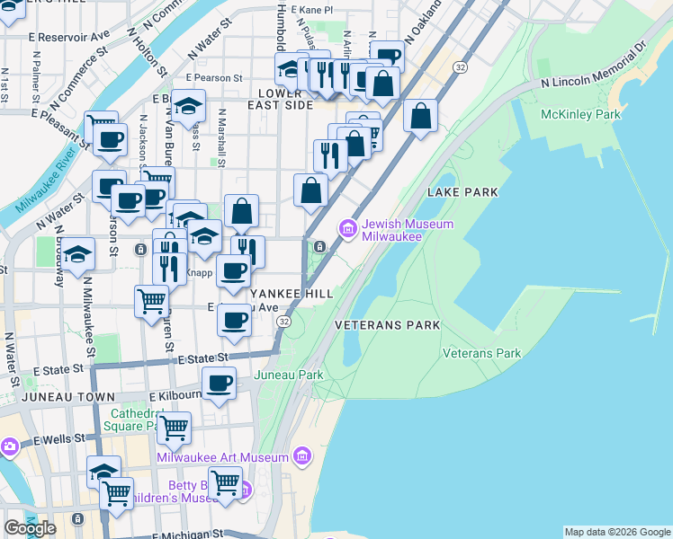 map of restaurants, bars, coffee shops, grocery stores, and more near 1300 North Prospect Avenue in Milwaukee