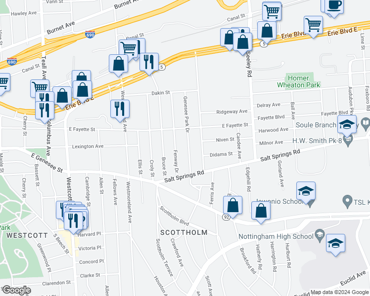 map of restaurants, bars, coffee shops, grocery stores, and more near 240 Genesee Park Drive in Syracuse