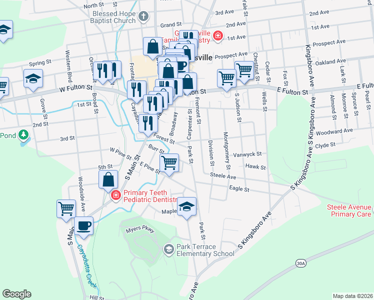 map of restaurants, bars, coffee shops, grocery stores, and more near 44 Forest Street in Gloversville