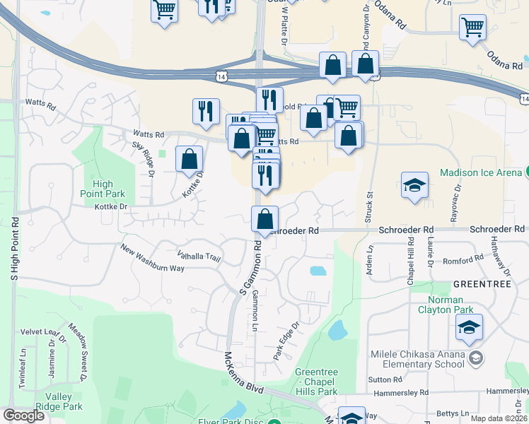 map of restaurants, bars, coffee shops, grocery stores, and more near 6840 Schroeder Road in Madison