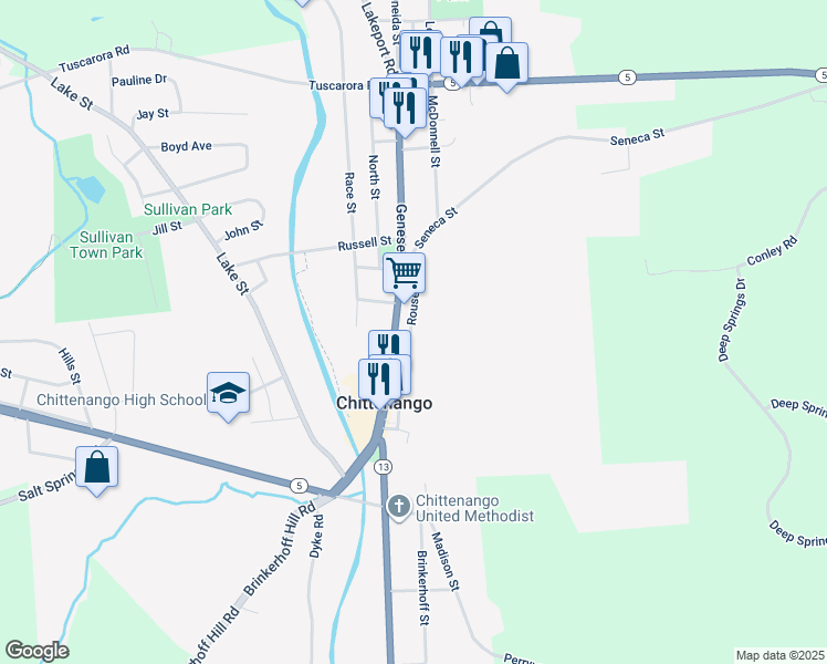 map of restaurants, bars, coffee shops, grocery stores, and more near 265 Rouse Street in Chittenango