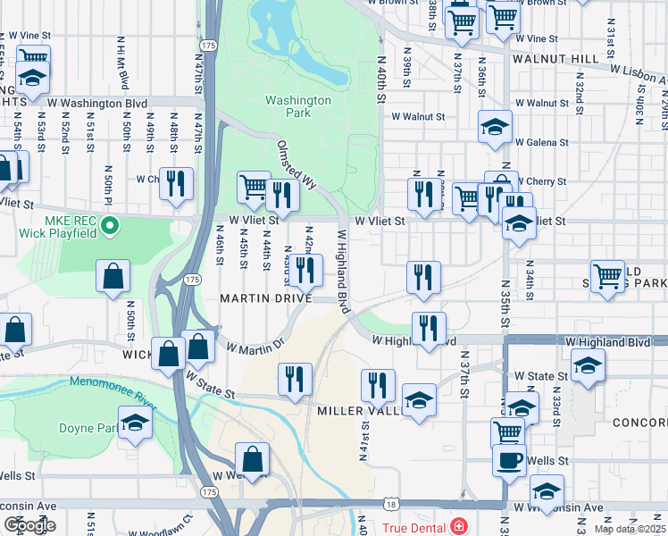 map of restaurants, bars, coffee shops, grocery stores, and more near 4209 West Highland Boulevard in Milwaukee