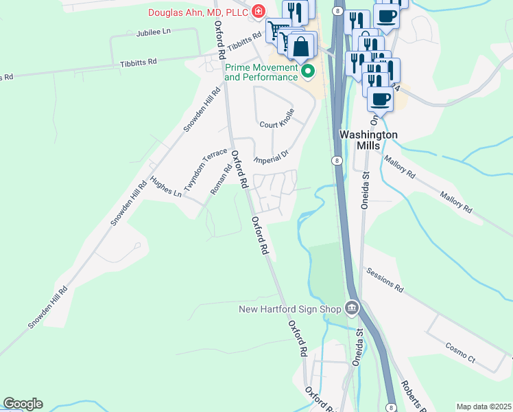 map of restaurants, bars, coffee shops, grocery stores, and more near 245 Oxford Road in New Hartford