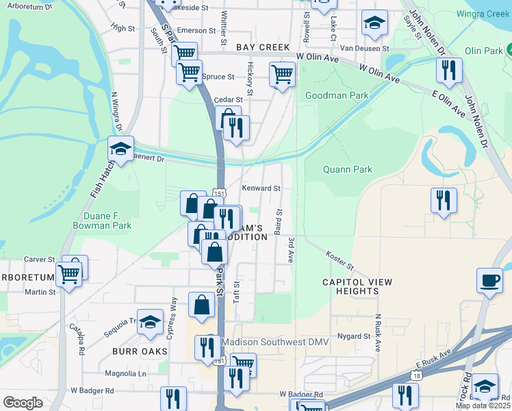 map of restaurants, bars, coffee shops, grocery stores, and more near 1829 Beld Street in Madison