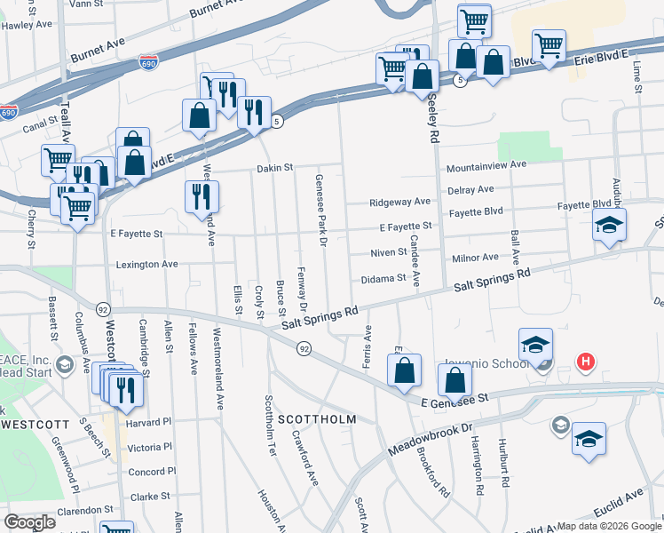 map of restaurants, bars, coffee shops, grocery stores, and more near 516-18 Beattie Street in Syracuse
