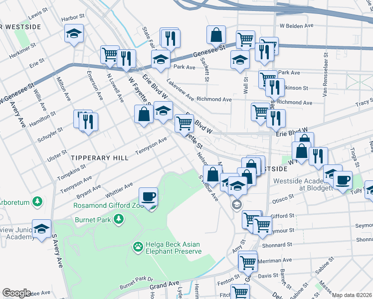 map of restaurants, bars, coffee shops, grocery stores, and more near 108 Nelson Street in Syracuse