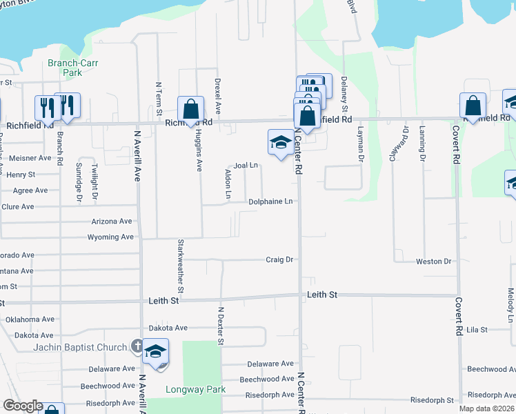 map of restaurants, bars, coffee shops, grocery stores, and more near 3746 Dolphaine Lane in Flint