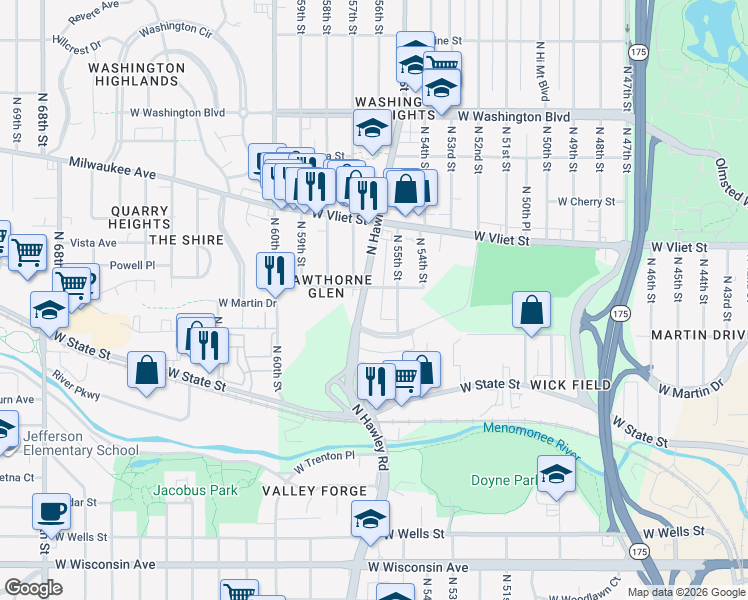 map of restaurants, bars, coffee shops, grocery stores, and more near 1239 North Hawley Road in Milwaukee