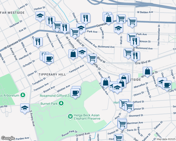 map of restaurants, bars, coffee shops, grocery stores, and more near 300 South Wilbur Avenue in Syracuse