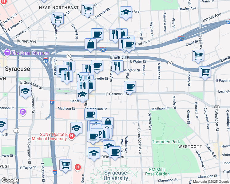 map of restaurants, bars, coffee shops, grocery stores, and more near 325 University Avenue in Syracuse