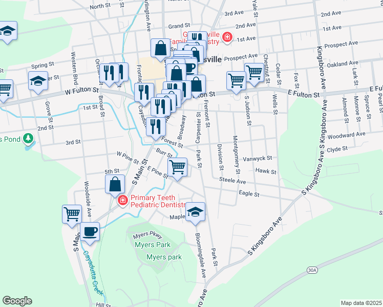 map of restaurants, bars, coffee shops, grocery stores, and more near 44 Forest Street in Gloversville