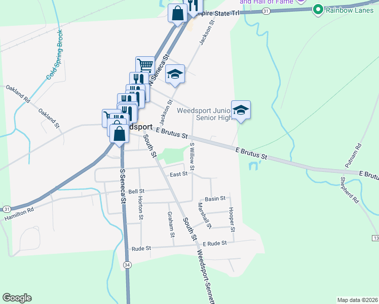 map of restaurants, bars, coffee shops, grocery stores, and more near 8879 South Willow Street in Weedsport