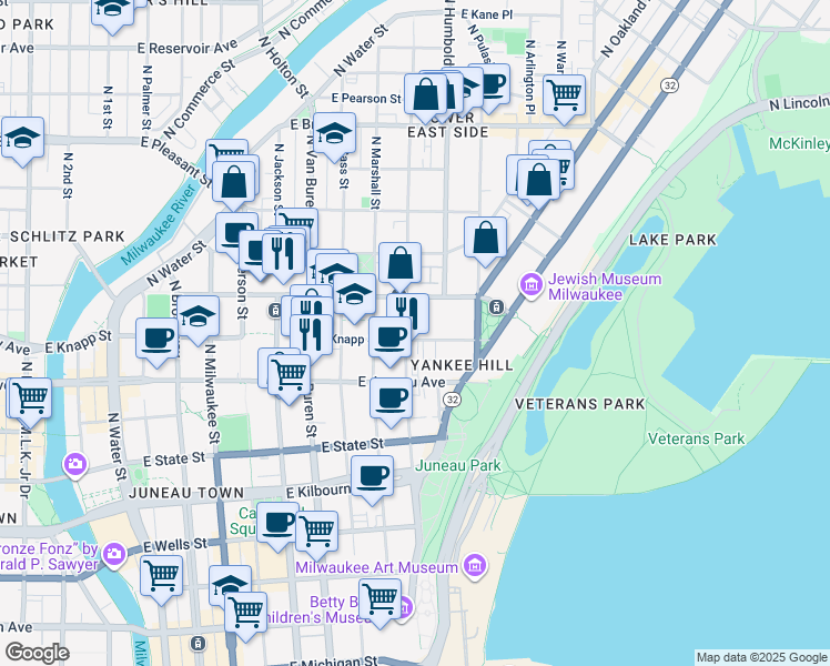 map of restaurants, bars, coffee shops, grocery stores, and more near 1302 North Astor Street in Milwaukee