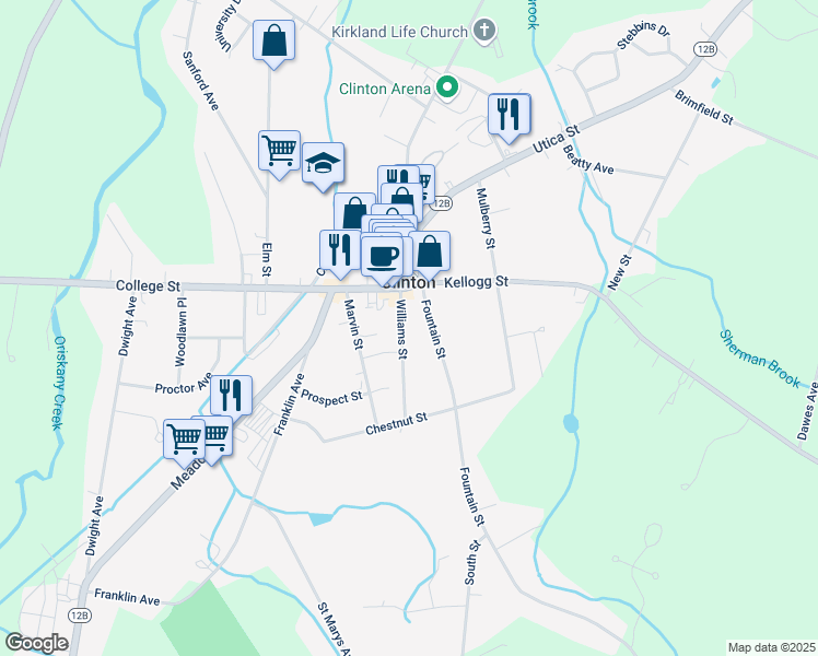 map of restaurants, bars, coffee shops, grocery stores, and more near 8 Fountain Street in Clinton